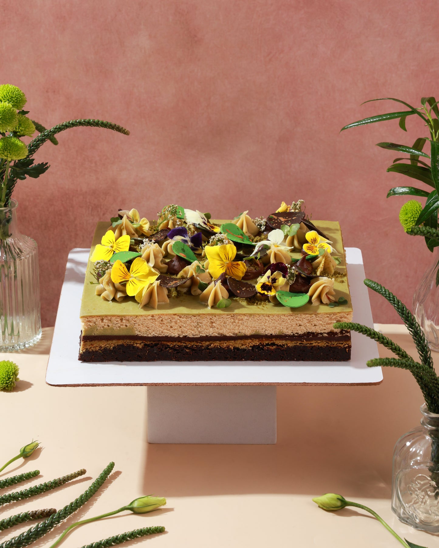 Pistachio Kunafa Chocolate Cake - Egg Free